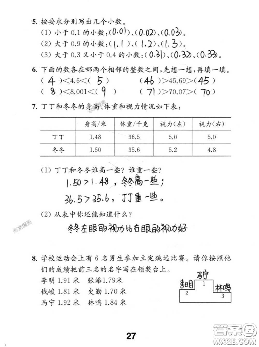 江蘇鳳凰教育出版社2020數(shù)學(xué)補充習(xí)題五年級上冊人教版參考答案