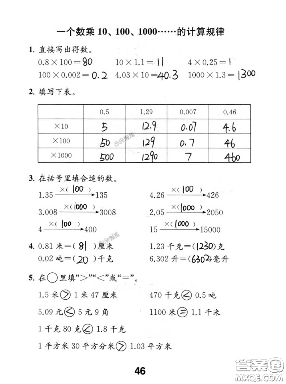 江蘇鳳凰教育出版社2020數(shù)學(xué)補充習(xí)題五年級上冊人教版參考答案