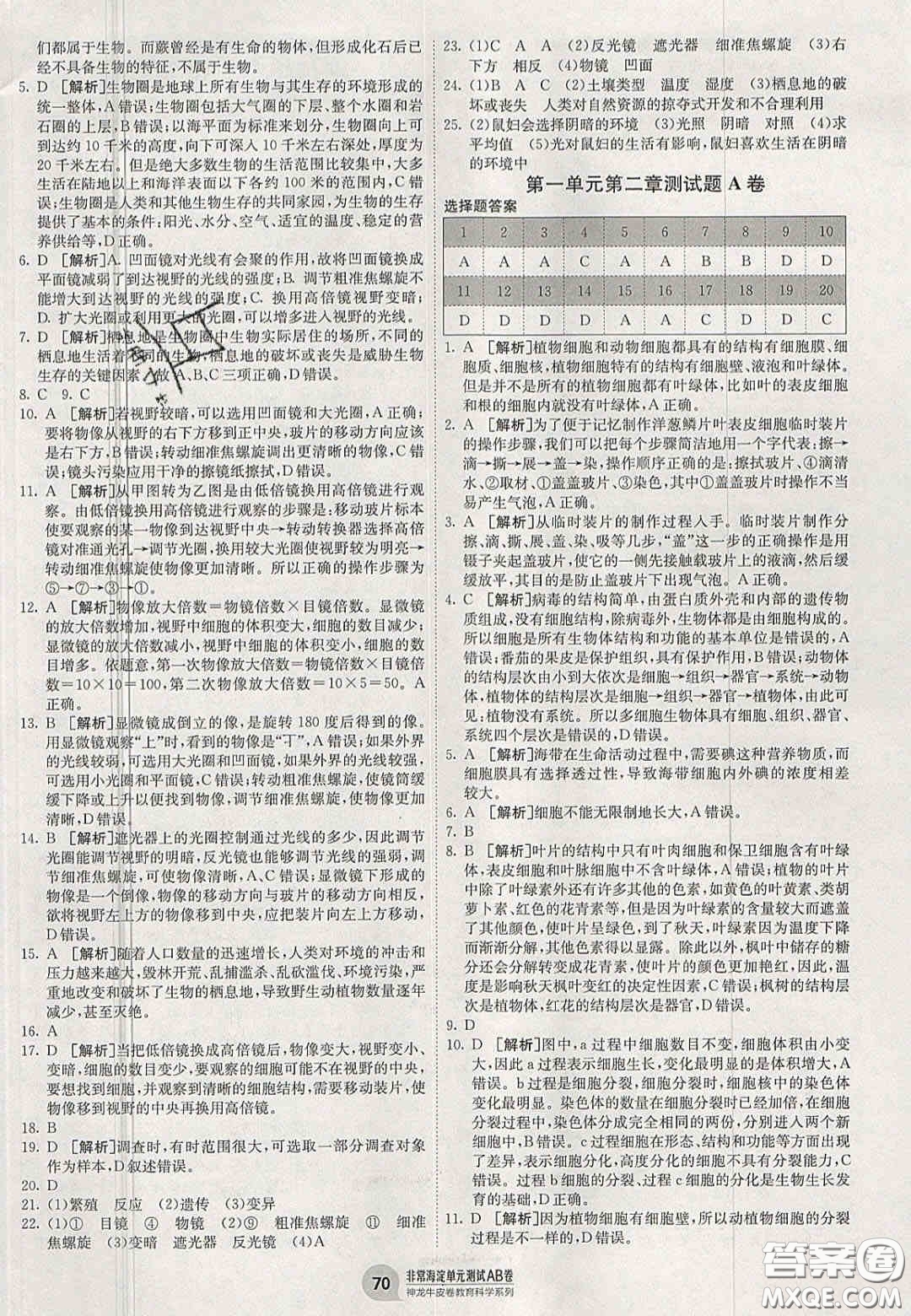 神農(nóng)牛皮卷2020秋非常海淀單元測試AB卷七年級生物上冊濟南版答案