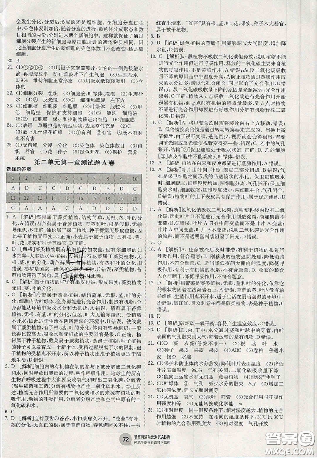 神農(nóng)牛皮卷2020秋非常海淀單元測試AB卷七年級生物上冊濟南版答案