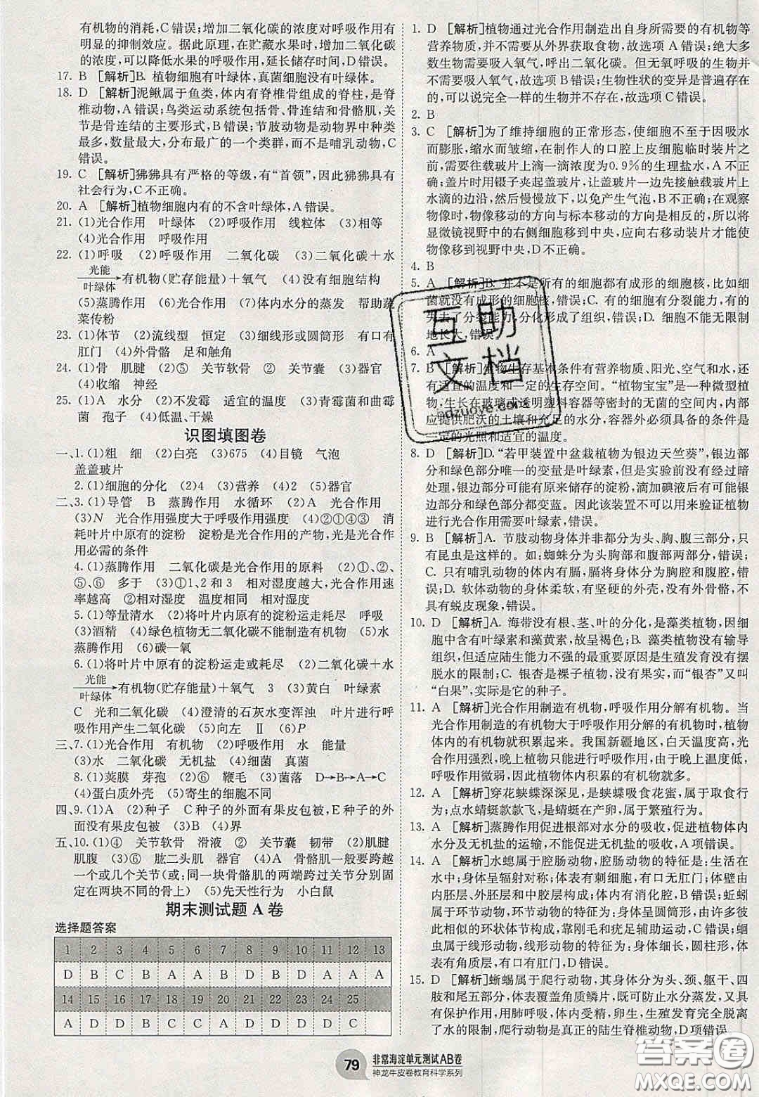 神農(nóng)牛皮卷2020秋非常海淀單元測試AB卷七年級生物上冊濟南版答案