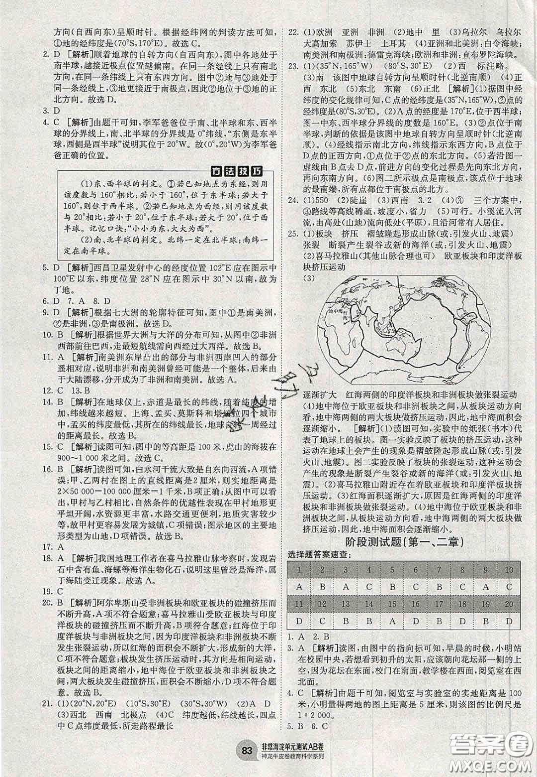 神農(nóng)牛皮卷2020秋非常海淀單元測試AB卷七年級地理上冊湘教版答案