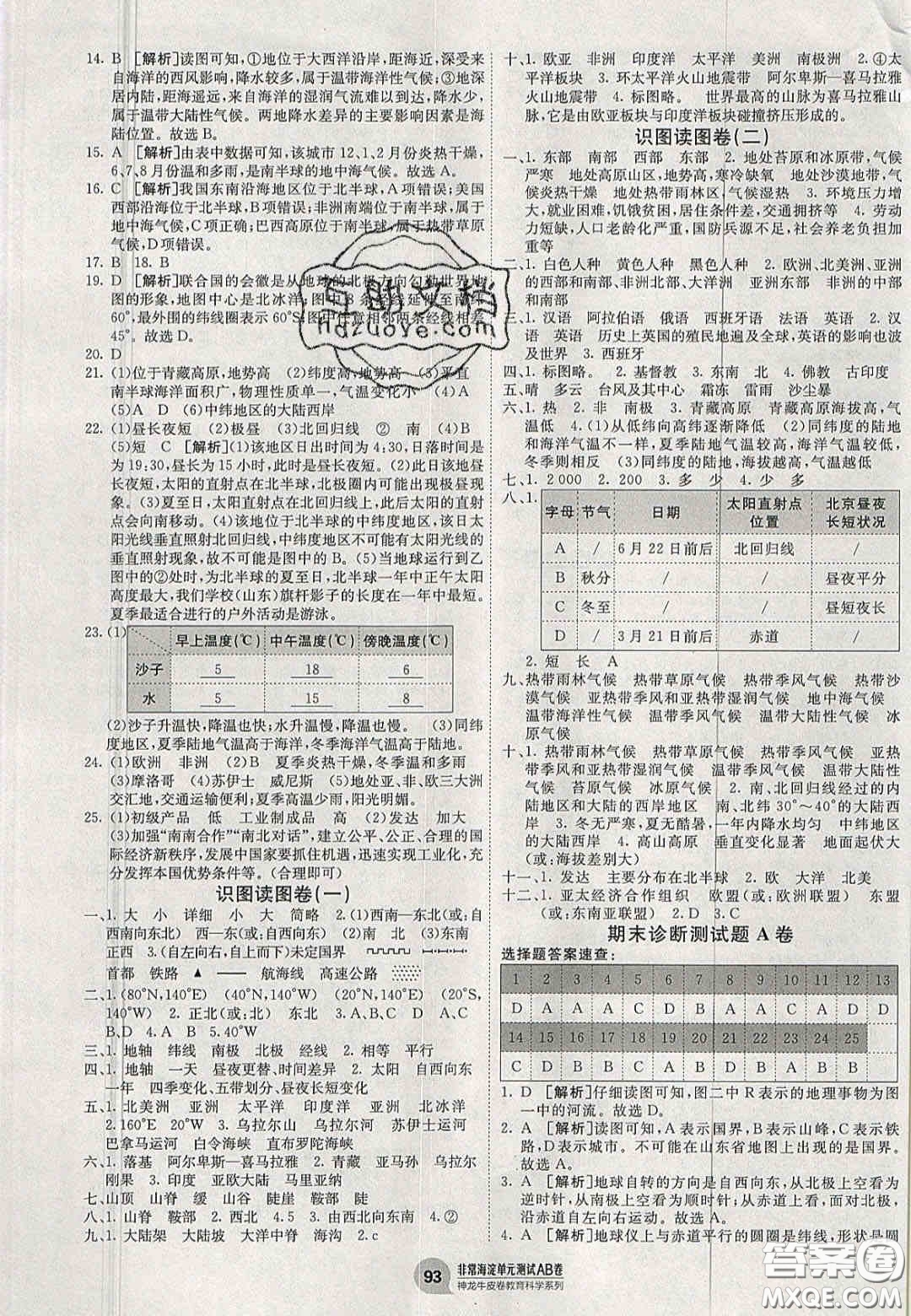 神農(nóng)牛皮卷2020秋非常海淀單元測試AB卷七年級地理上冊湘教版答案