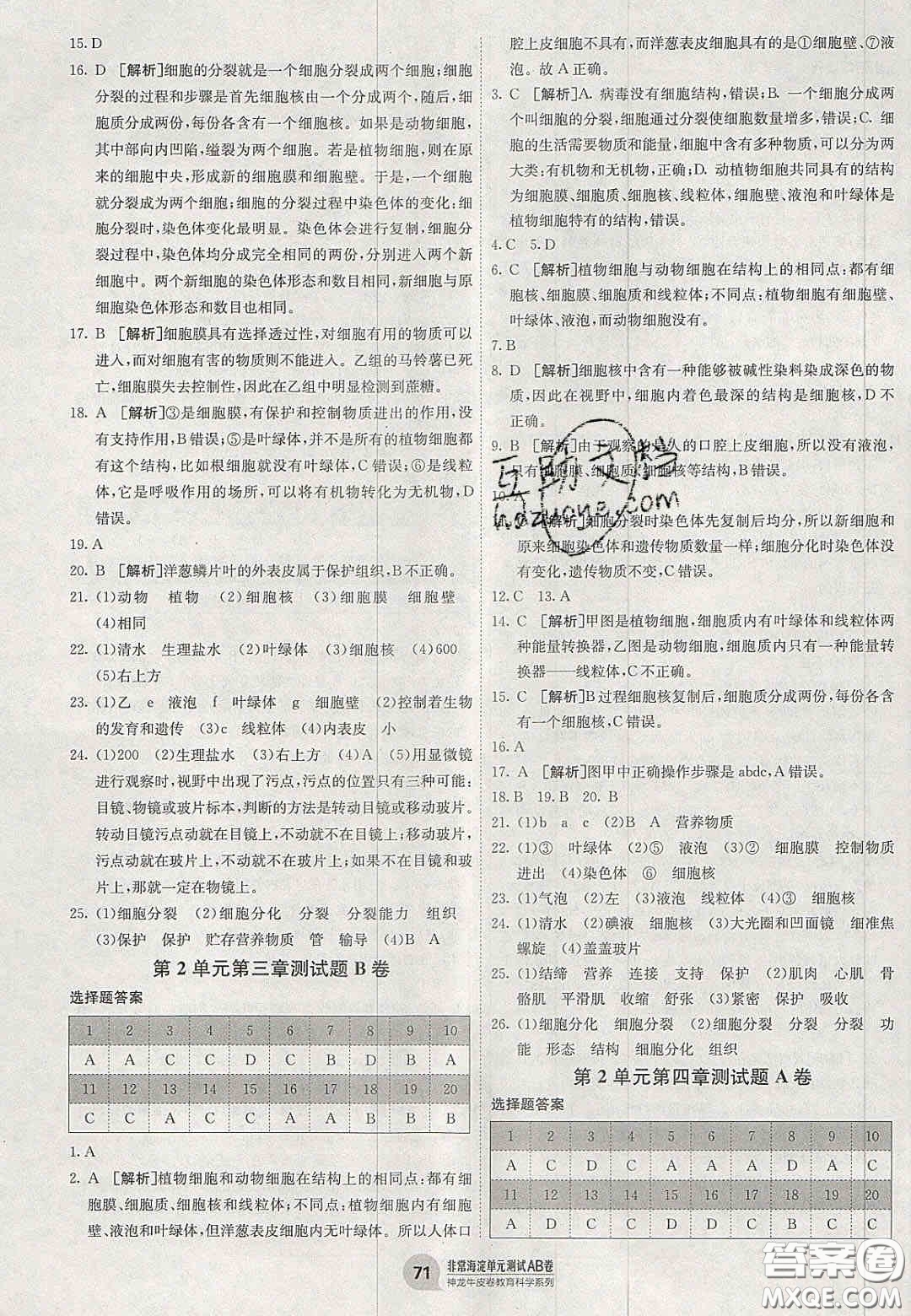 神農(nóng)牛皮卷2020秋非常海淀單元測試AB卷七年級生物上冊蘇教版答案