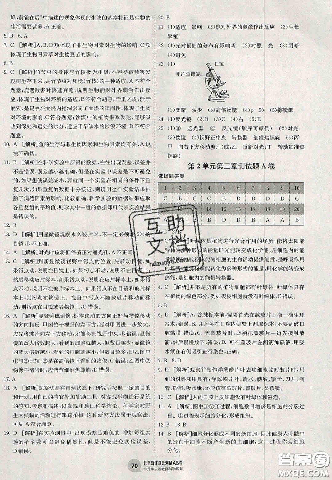 神農(nóng)牛皮卷2020秋非常海淀單元測試AB卷七年級生物上冊蘇教版答案