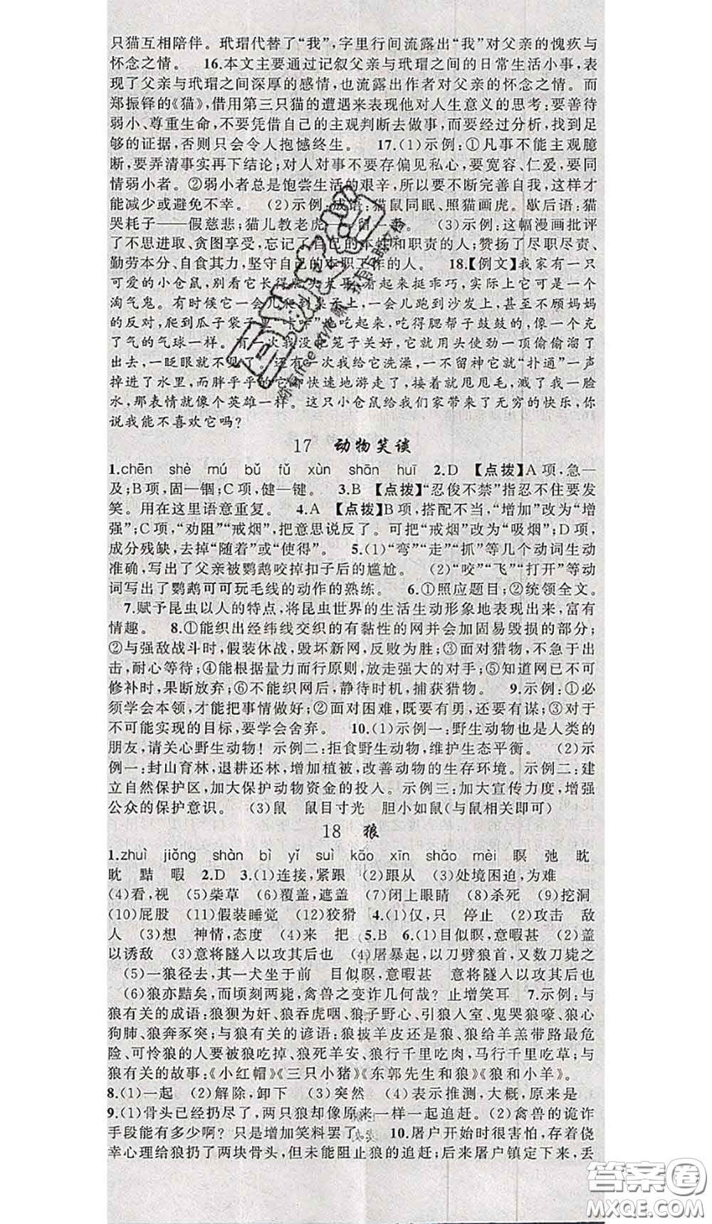 新疆青少年出版社2020秋原創(chuàng)新課堂七年級(jí)語(yǔ)文上冊(cè)人教版答案