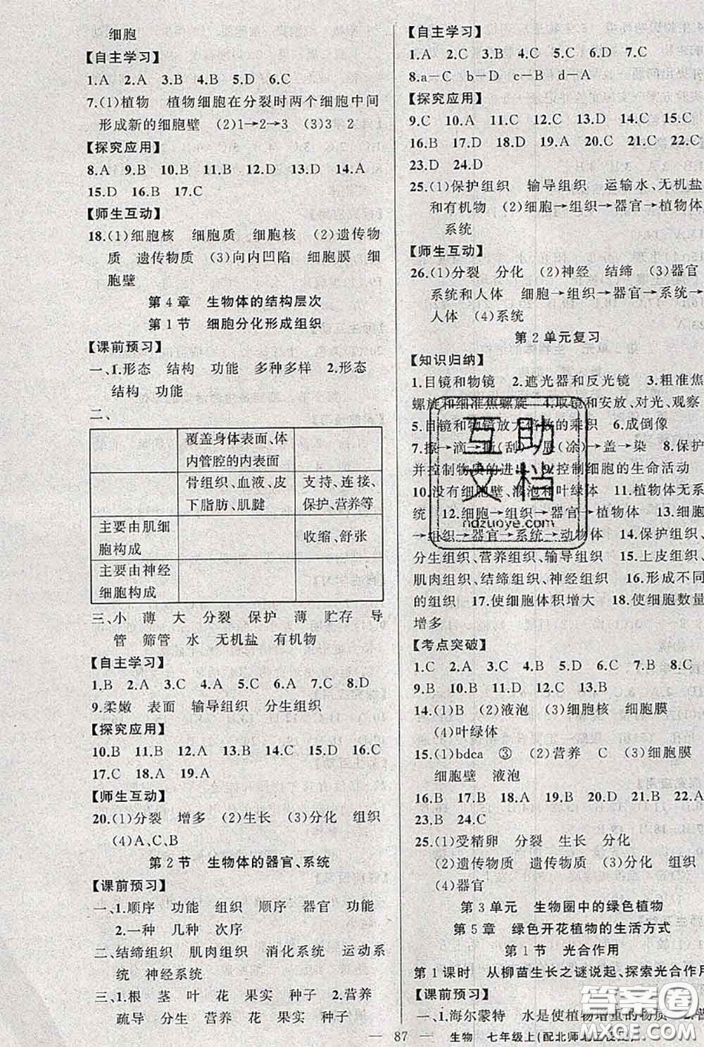 新疆青少年出版社2020秋原創(chuàng)新課堂七年級生物上冊北師版答案