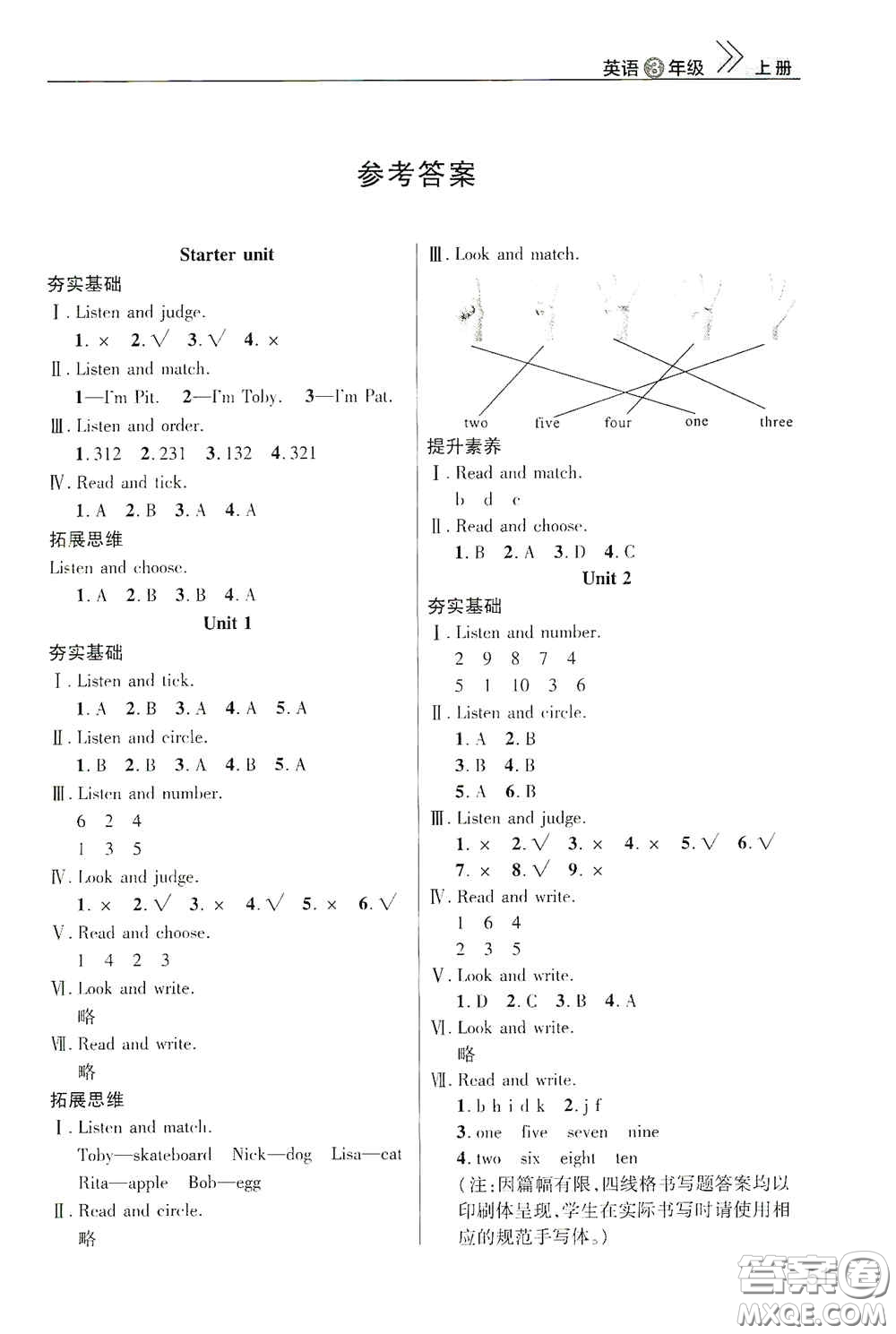 武漢出版社2020智慧學(xué)習(xí)天天向上課堂作業(yè)三年級(jí)英語(yǔ)上冊(cè)人教版答案