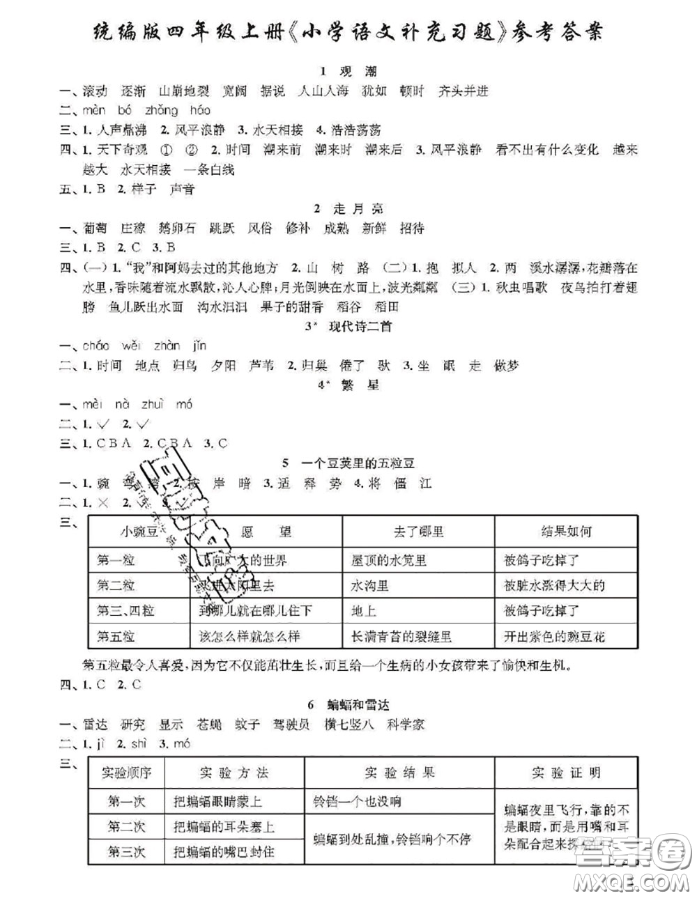 江蘇鳳凰教育出版社2020小學(xué)語文補(bǔ)充習(xí)題四年級上冊答案