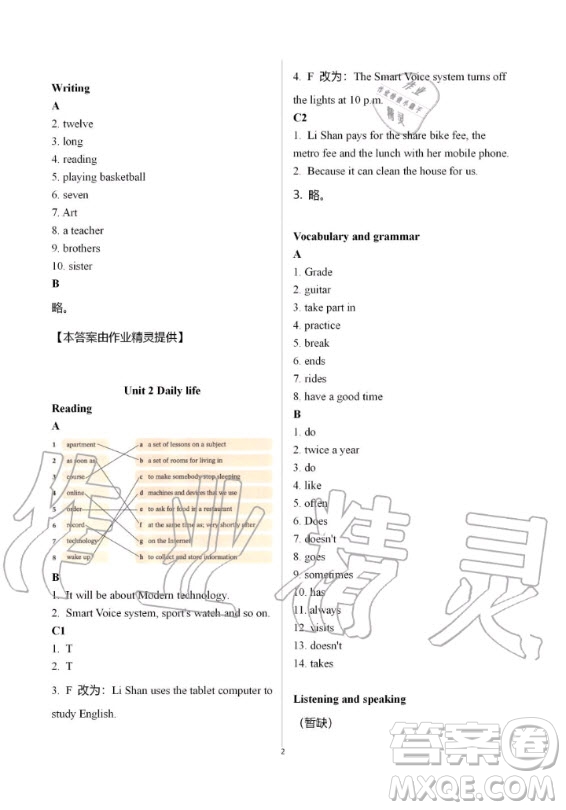 上海教育出版社2019年英語(yǔ)課本同步練習(xí)冊(cè)七年級(jí)上冊(cè)滬教版B版答案