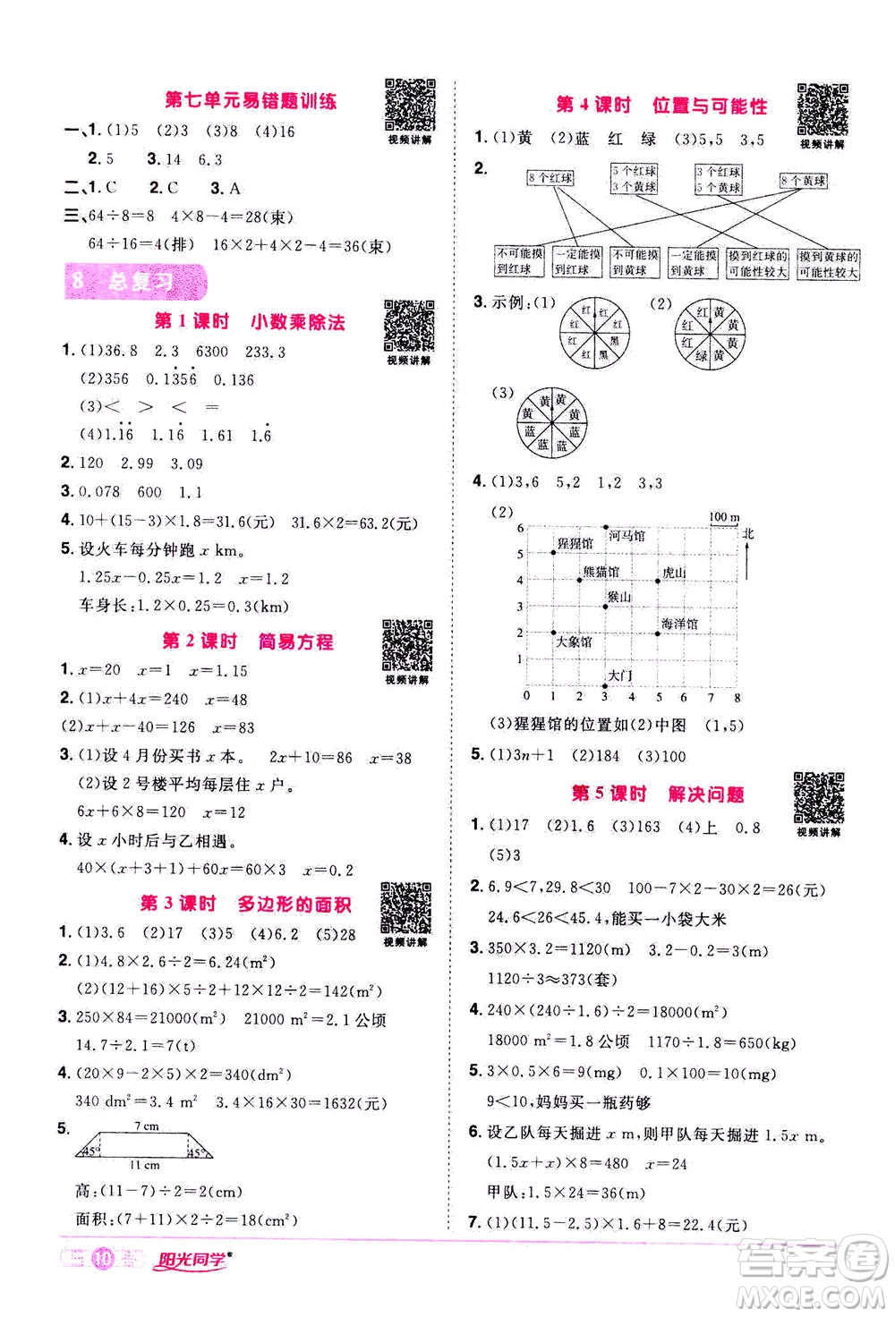 2020年陽光同學課時達標訓練數(shù)學五年級上冊R人教版浙江專版答案