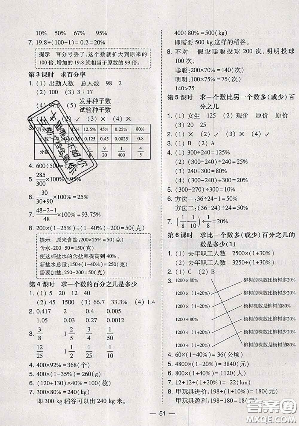 2020秋北大綠卡課時同步訓練六年級數(shù)學上冊人教版參考答案