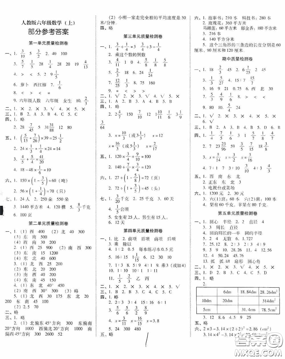 2020秋云南師大附小一線名師核心試卷六年級(jí)數(shù)學(xué)人教版答案