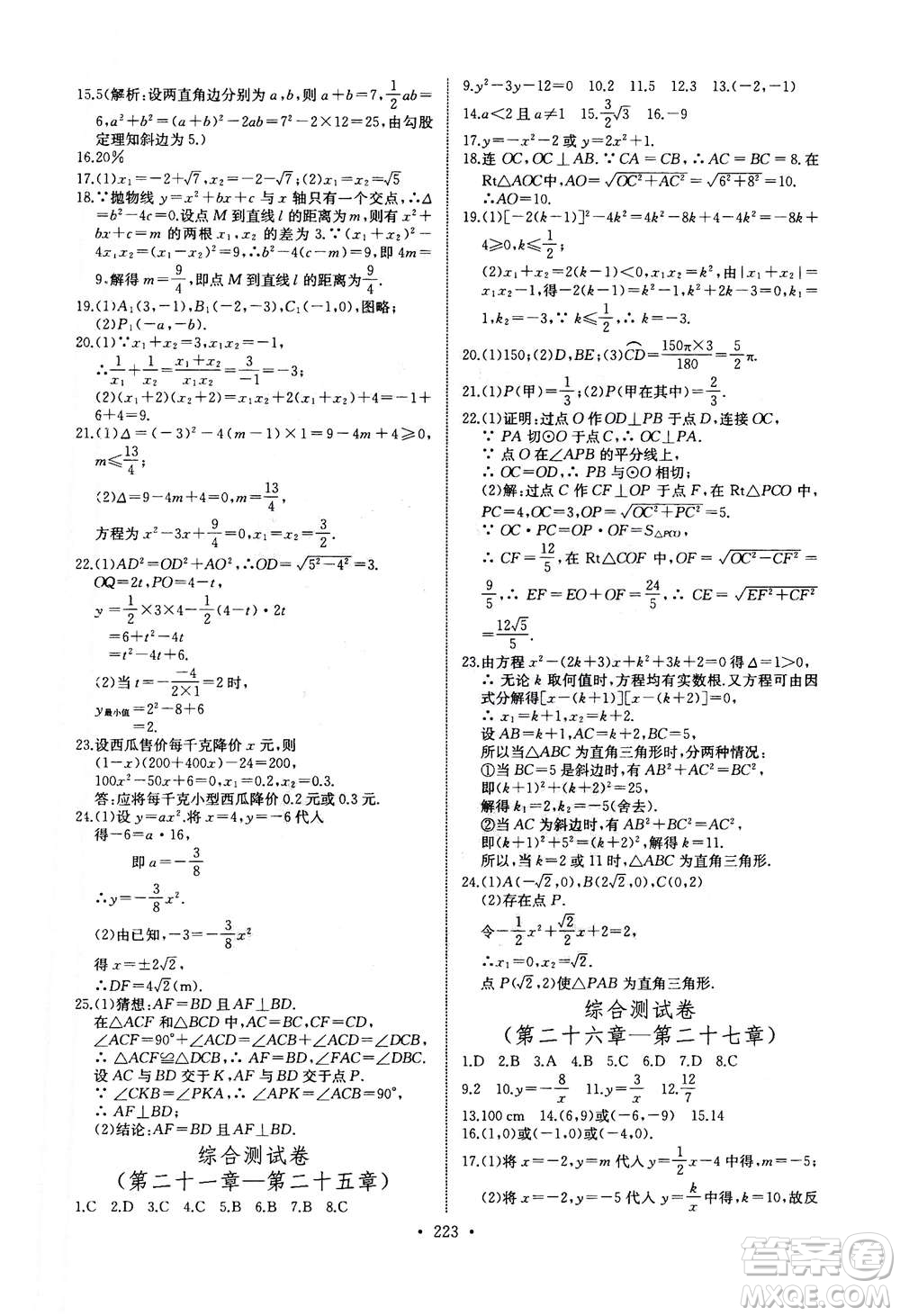 2020年長(zhǎng)江全能學(xué)案同步練習(xí)冊(cè)數(shù)學(xué)九年級(jí)全一冊(cè)人教版答案