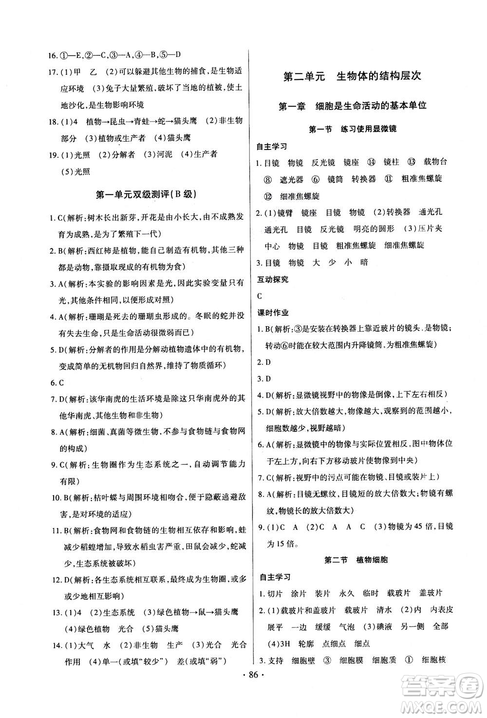 2020年長江全能學(xué)案同步練習(xí)冊生物學(xué)七年級上冊人教版答案