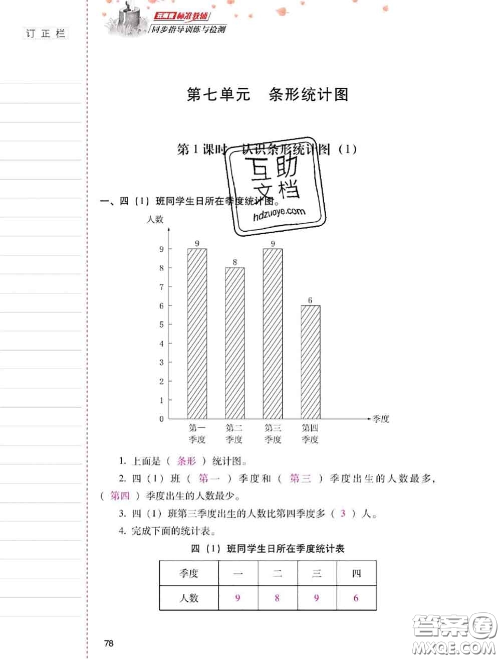 2020年云南省標(biāo)準(zhǔn)教輔同步指導(dǎo)訓(xùn)練與檢測四年級(jí)數(shù)學(xué)上冊人教版答案