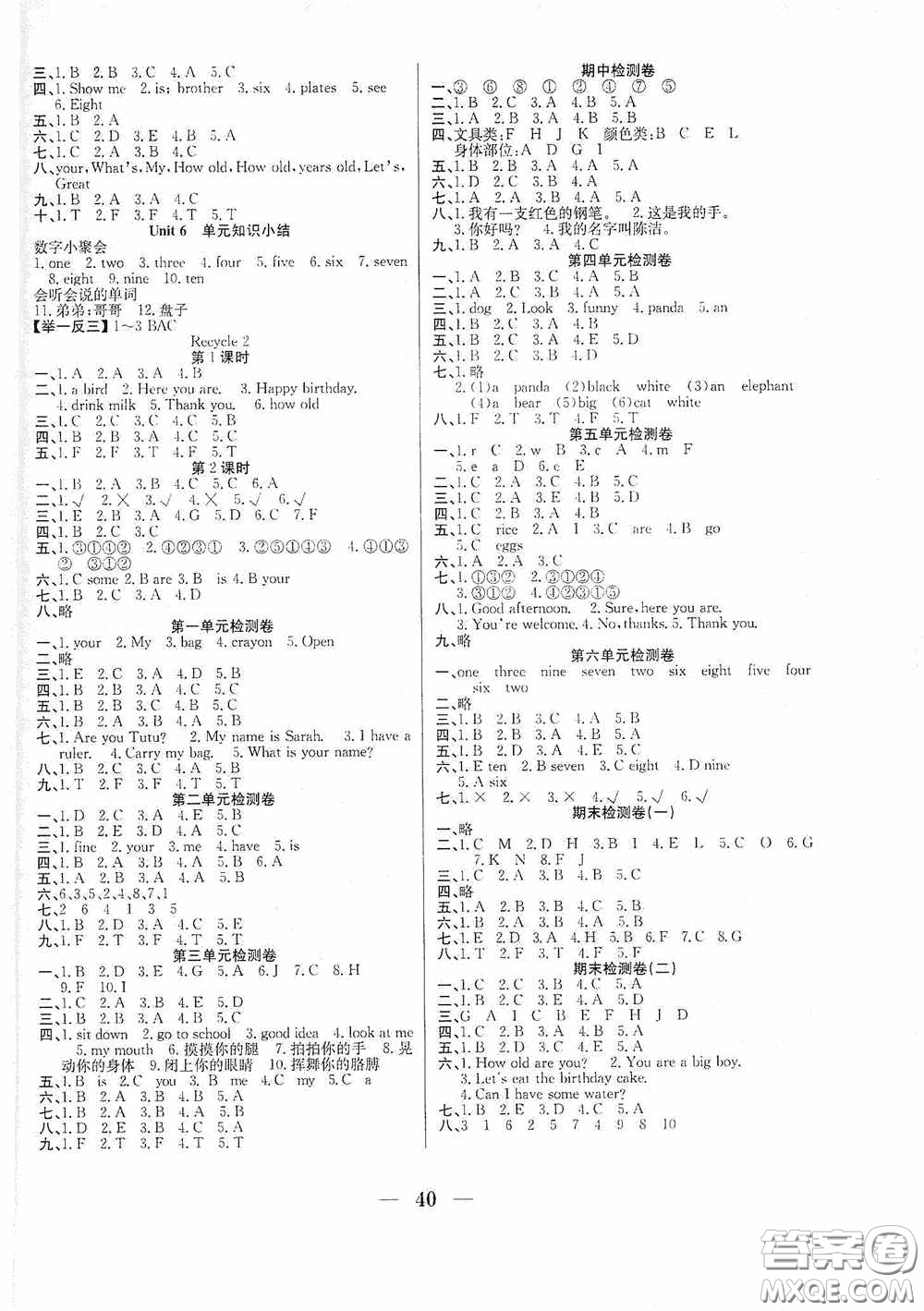 合肥工業(yè)大學出版社2020贏在課堂課時作業(yè)三年級英語上冊人教版答案