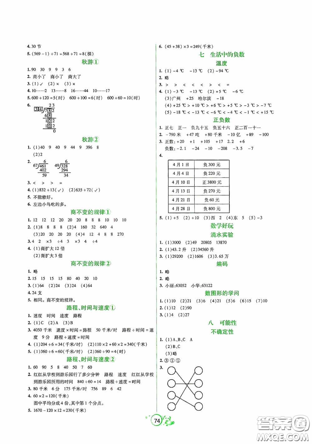 遼寧教育出版社2020好課堂堂練四年級數(shù)學(xué)上冊北師大版答案