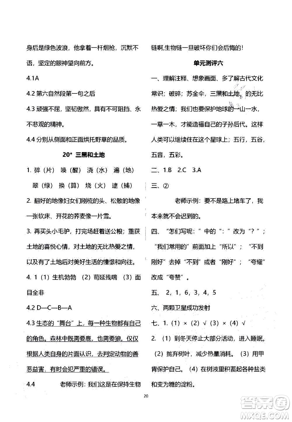 2020年人教金學(xué)典同步練習(xí)冊同步解析與測評語文六年級上冊人教版答案