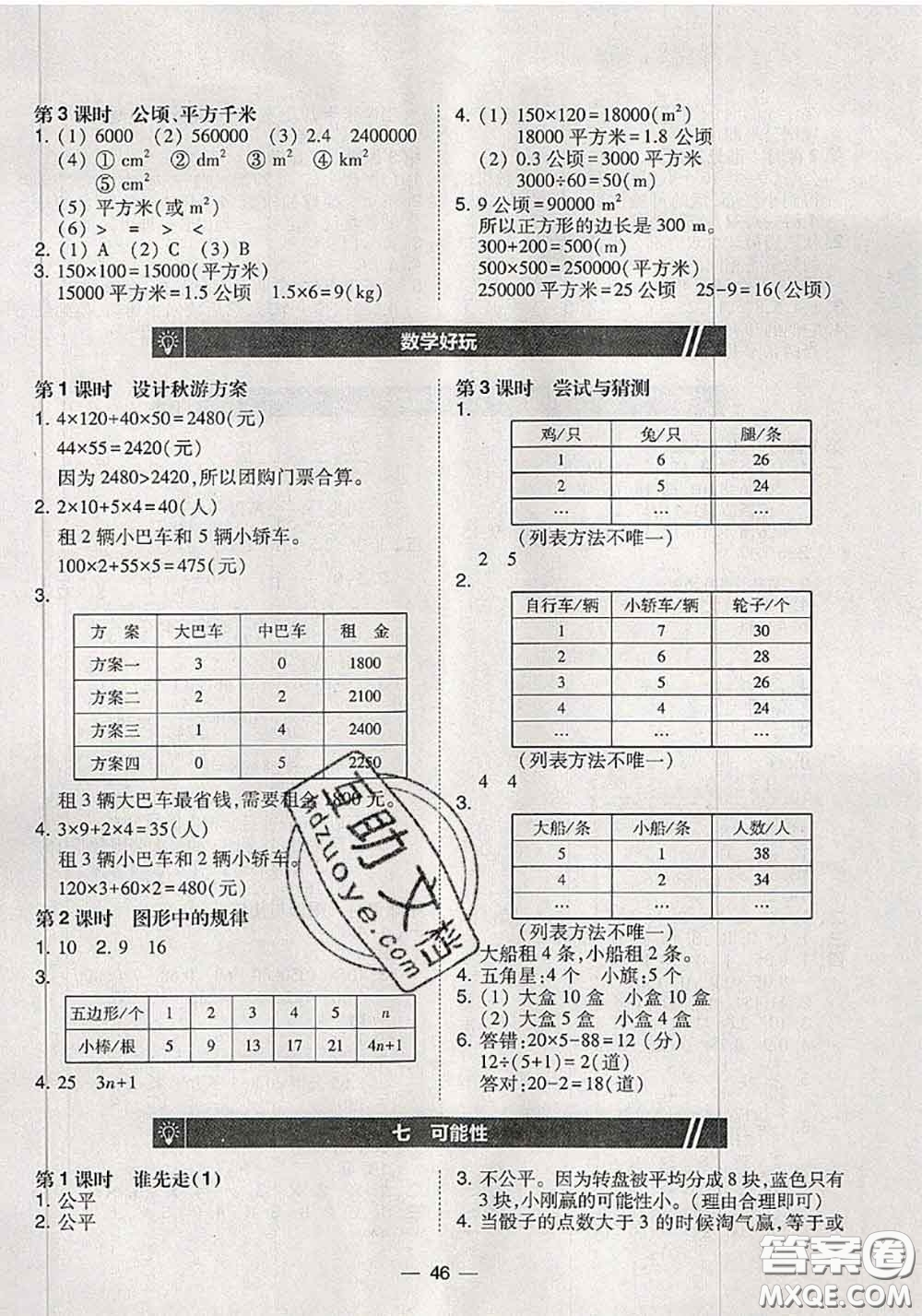 2020秋北大綠卡課時同步訓(xùn)練五年級數(shù)學(xué)上冊北師版參考答案