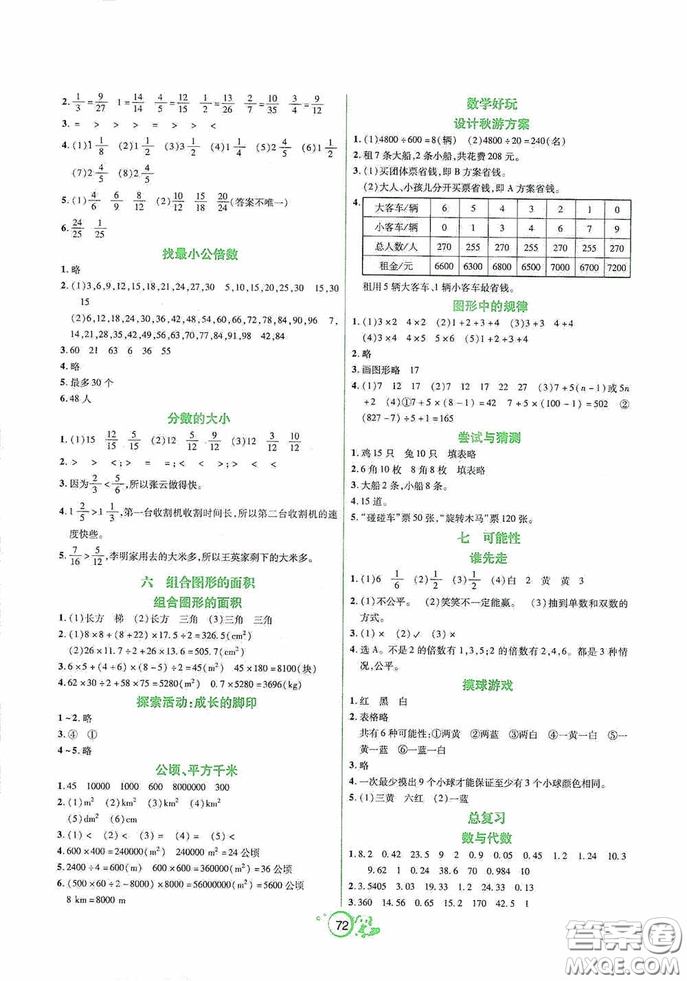 遼寧教育出版社2020好課堂堂練五年級數(shù)學上冊北師大版答案