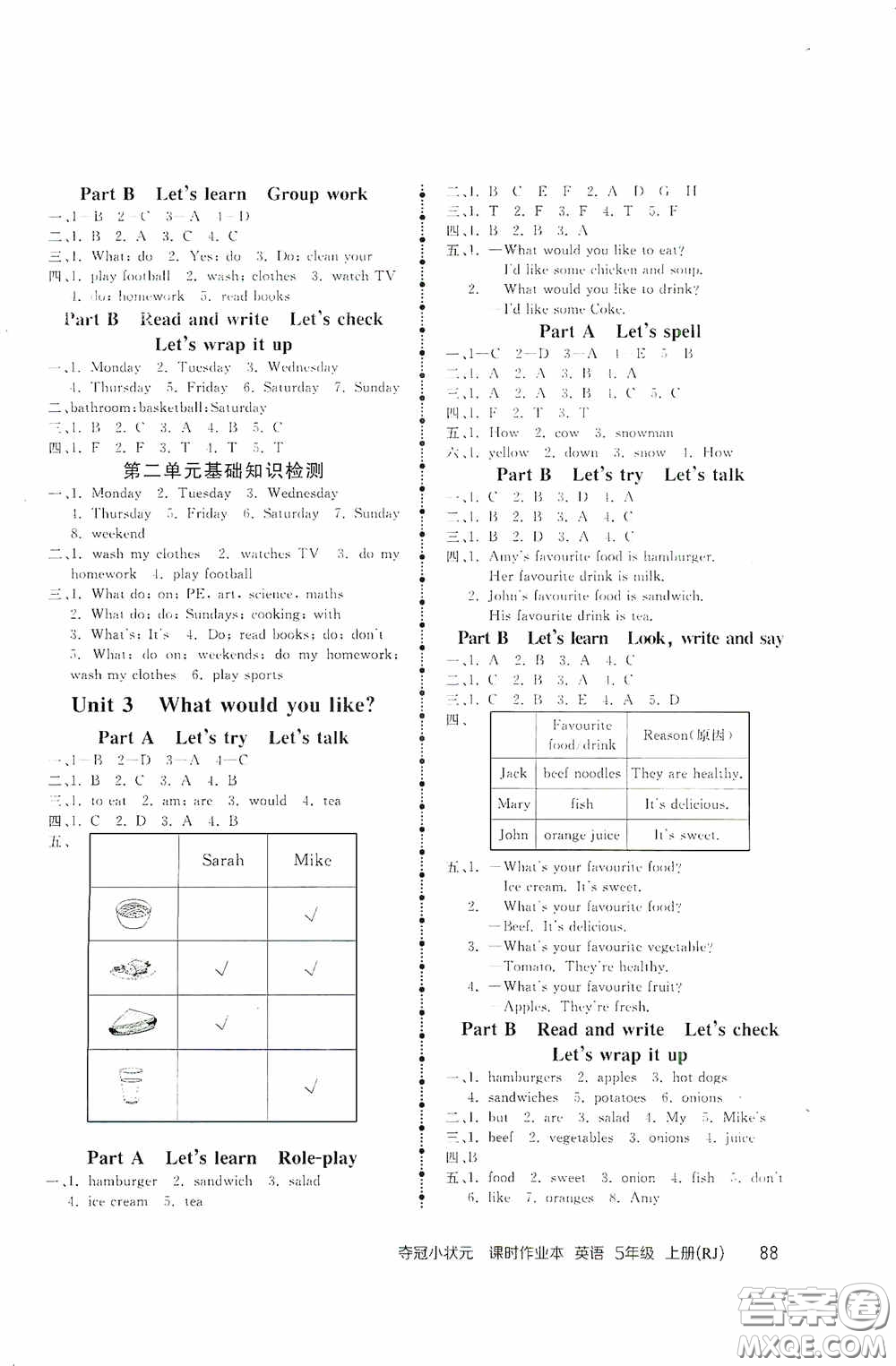 中國地圖出版社2020奪冠小狀元課時作業(yè)本五年級英語上冊人教版答案