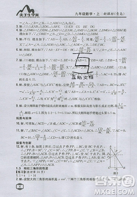 青島出版社2020年九年級(jí)上冊(cè)數(shù)學(xué)青島版教材習(xí)題答案