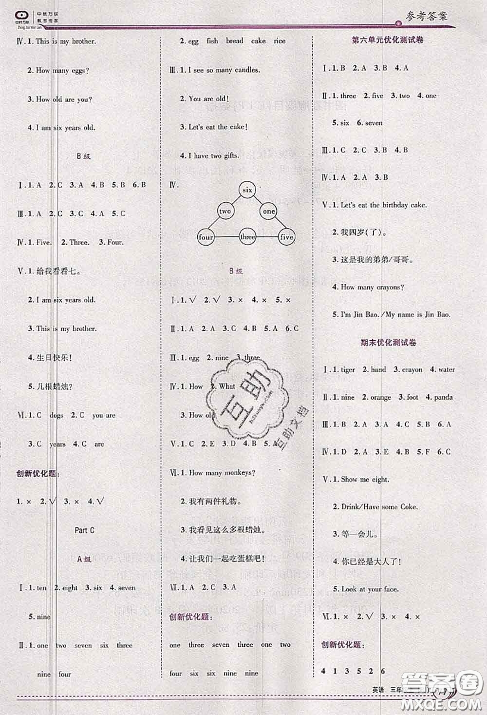 2020秋全優(yōu)訓(xùn)練零失誤優(yōu)化作業(yè)本三年級(jí)英語上冊(cè)人教版答案