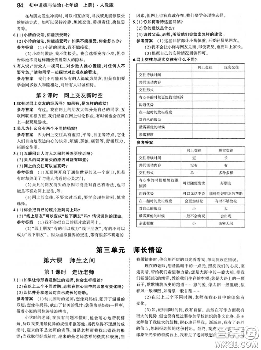 人民教育出版社2020年課本教材七年級道德與法治上冊人教版答案