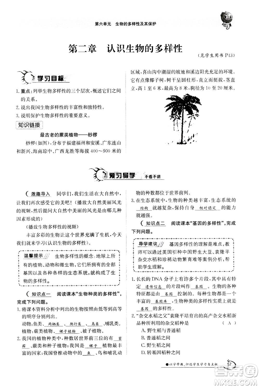 江西高校出版社2020年金太陽導(dǎo)學(xué)案生物八年級(jí)上冊(cè)人教版答案