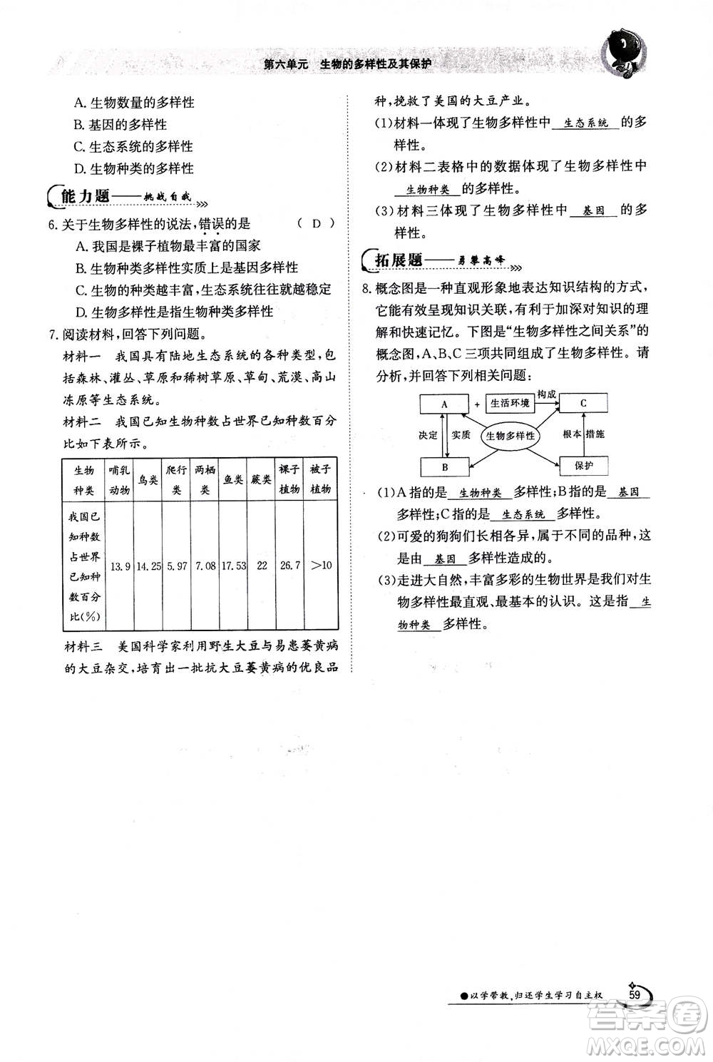 江西高校出版社2020年金太陽導(dǎo)學(xué)案生物八年級(jí)上冊(cè)人教版答案