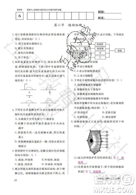 江西教育出版社2020年生物作業(yè)本七年級上冊人教版答案