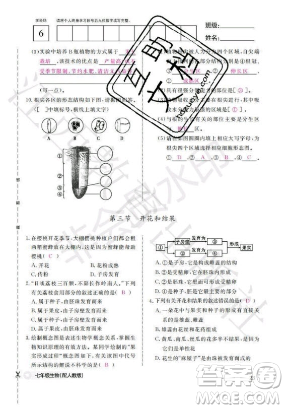 江西教育出版社2020年生物作業(yè)本七年級上冊人教版答案