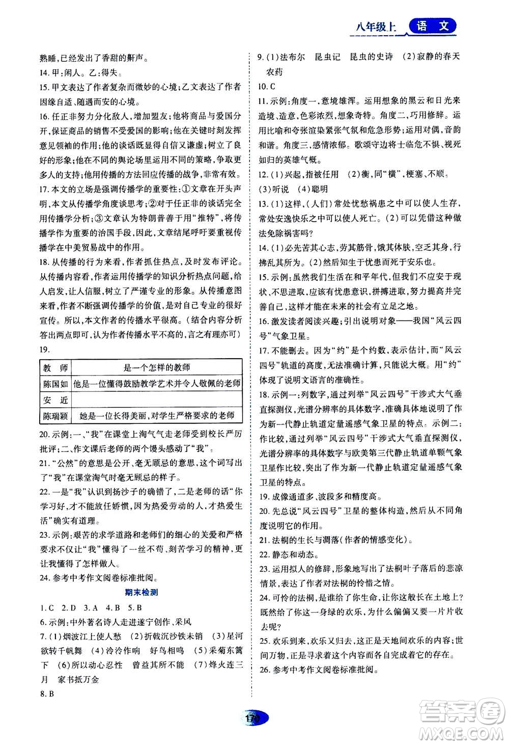 黑龍江教育出版社2020年資源與評價語文八年級上冊人教版參考答案