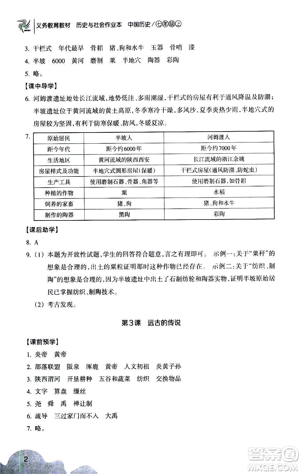 浙江教育出版社2020年歷史與社會(huì)作業(yè)本中國(guó)歷史七年級(jí)上冊(cè)人教版答案