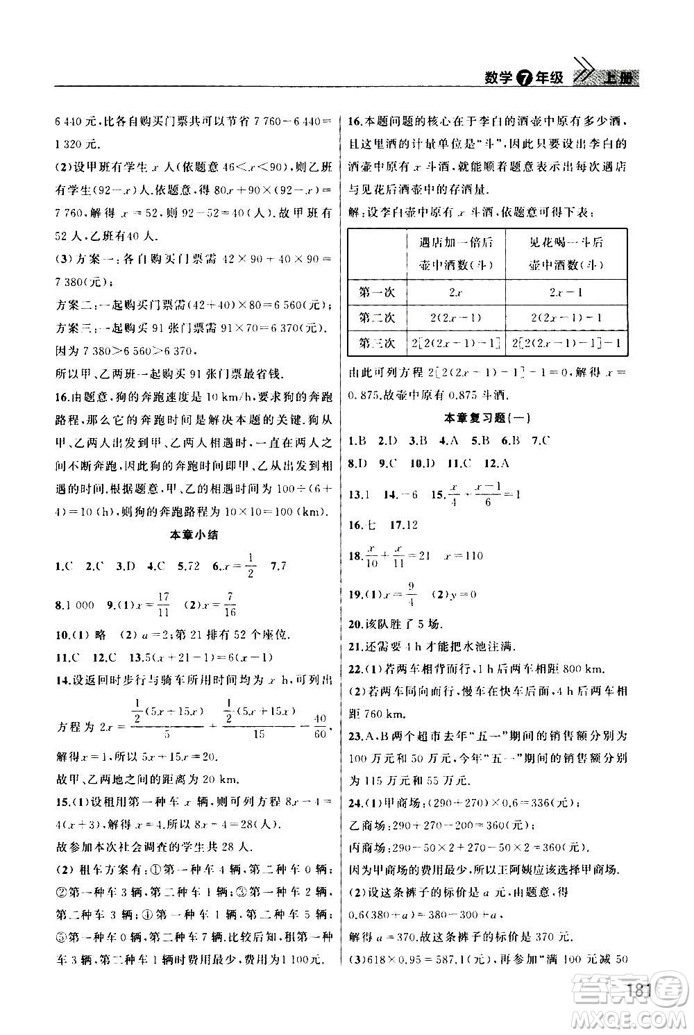 2020秋智慧學(xué)習(xí)天天向上課堂作業(yè)七年級上冊數(shù)學(xué)人教版答案