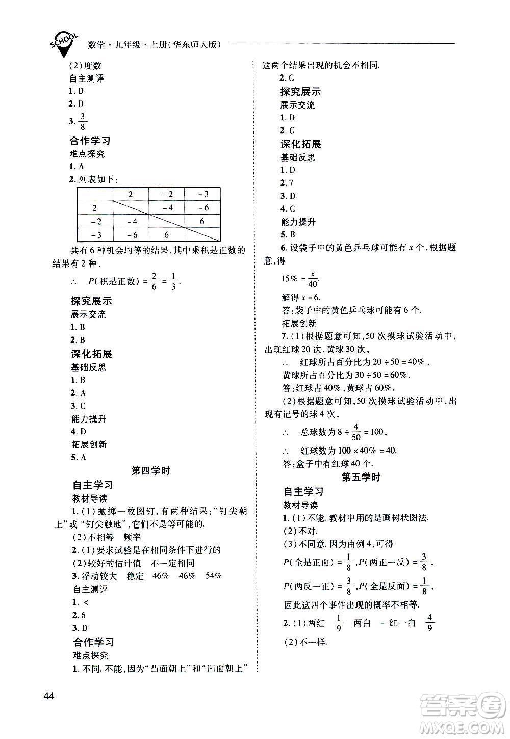 2020年新課程問題解決導(dǎo)學方案數(shù)學九年級上冊華東師大版答案