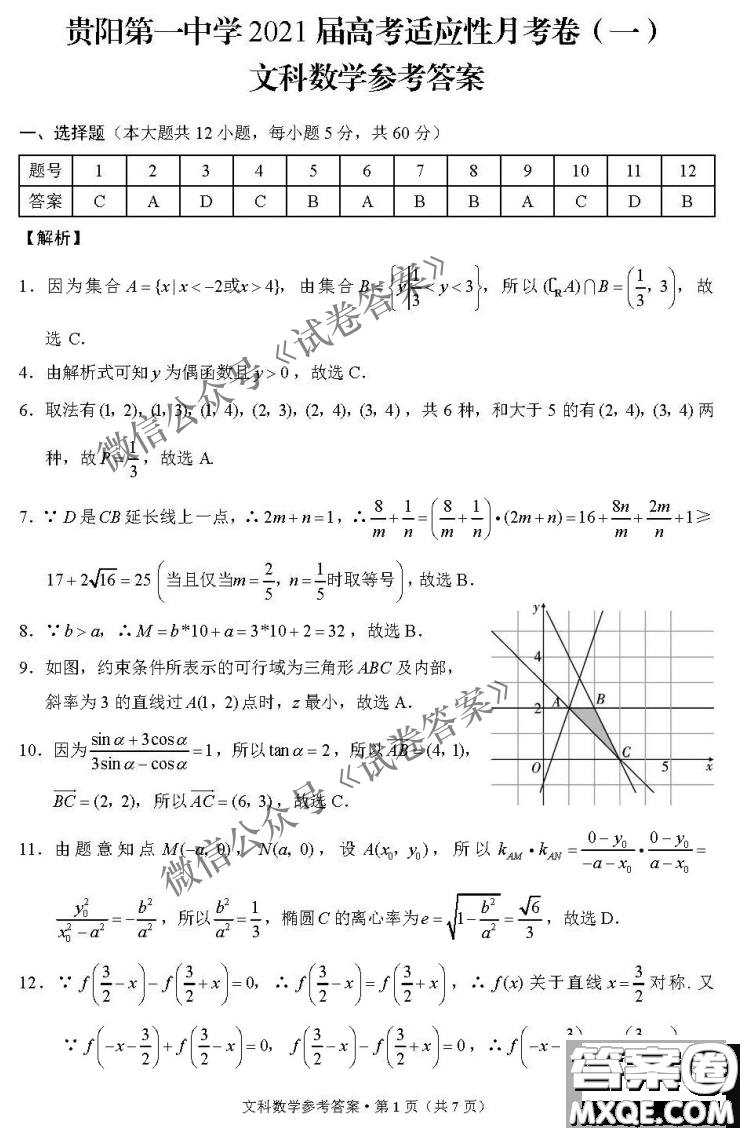 2021屆西南名校聯(lián)盟高三復(fù)習(xí)備考聯(lián)合質(zhì)量檢測卷二文科數(shù)學(xué)試題及答案