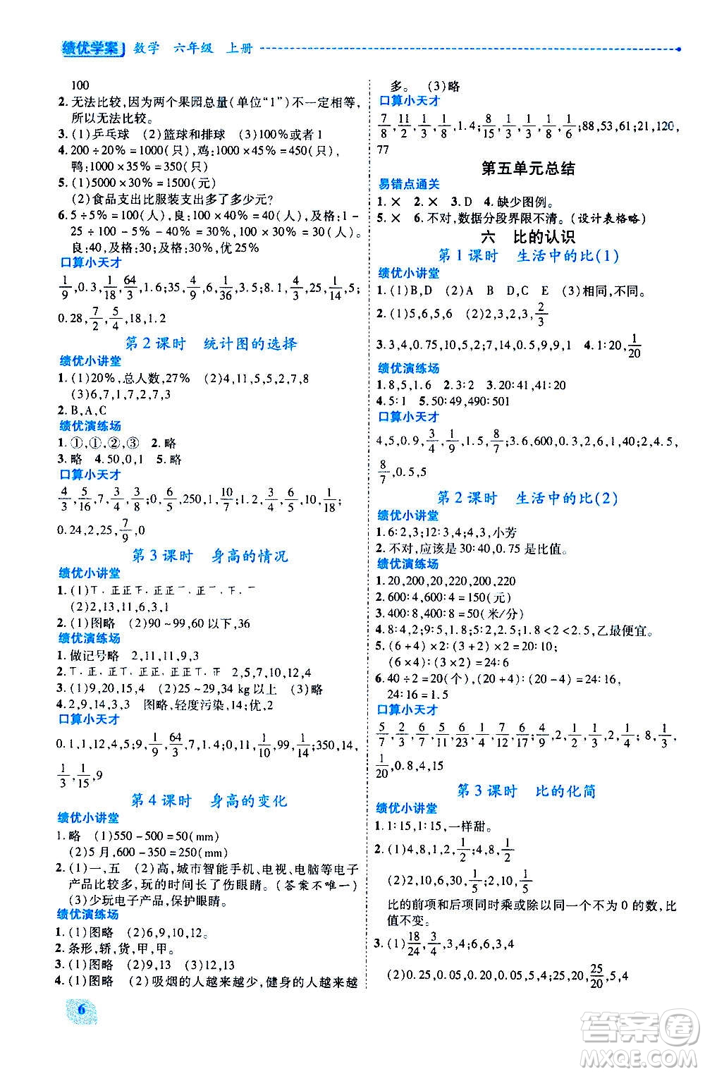 陜西師范大學(xué)出版總社2020年績優(yōu)學(xué)案數(shù)學(xué)六年級上冊北師大版答案