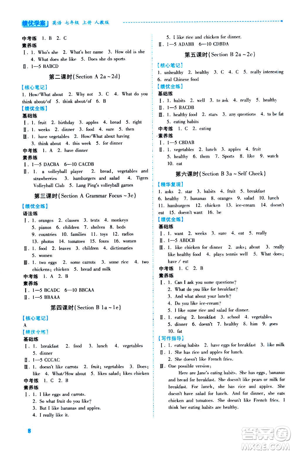 陜西師范大學出版總社2020年績優(yōu)學案英語七年級上冊人教版答案