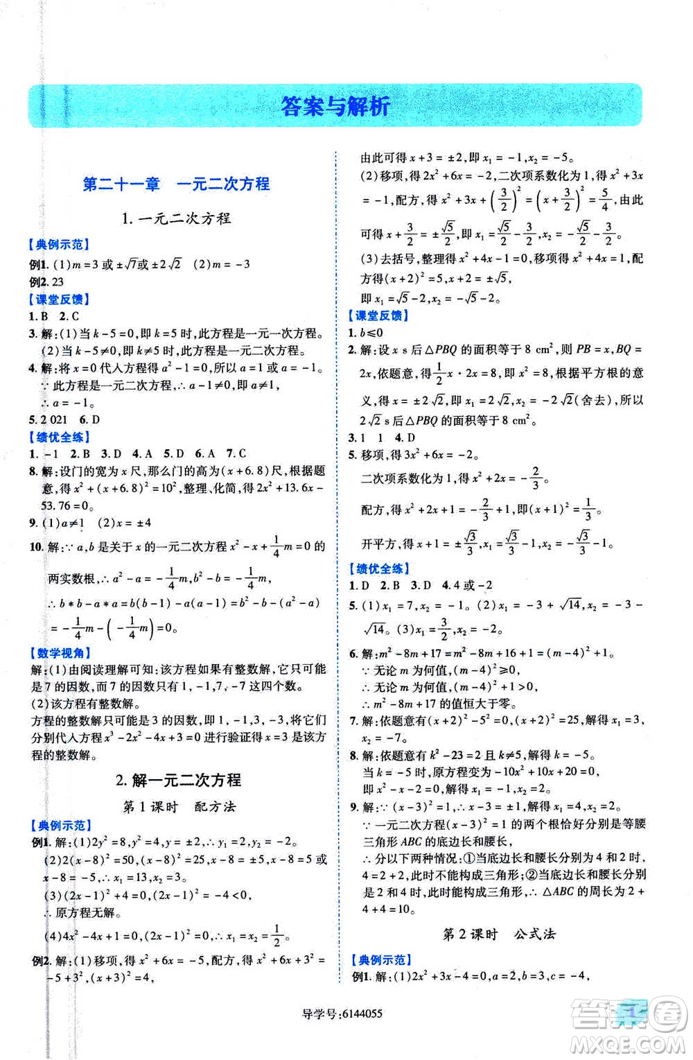 陜西師范大學(xué)出版總社2020年績優(yōu)學(xué)案數(shù)學(xué)九年級上冊人教版答案