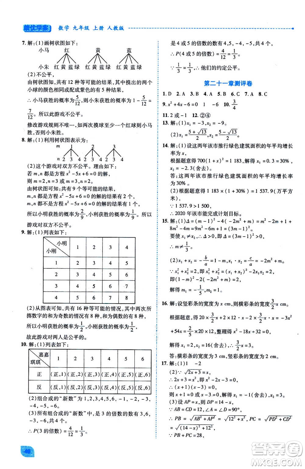 陜西師范大學(xué)出版總社2020年績優(yōu)學(xué)案數(shù)學(xué)九年級上冊人教版答案