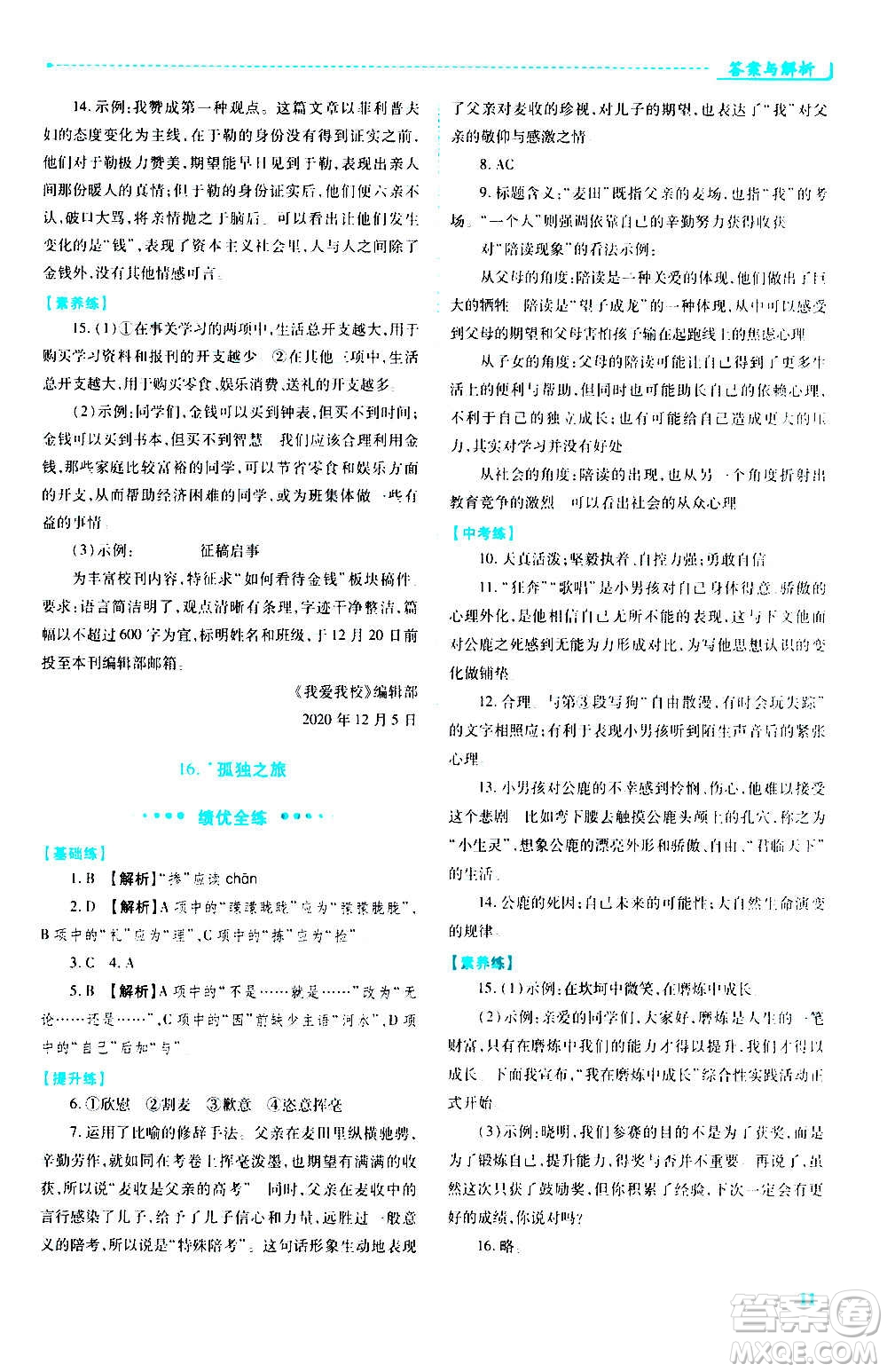 陜西師范大學出版總社2020年績優(yōu)學案語文九年級上冊人教版答案