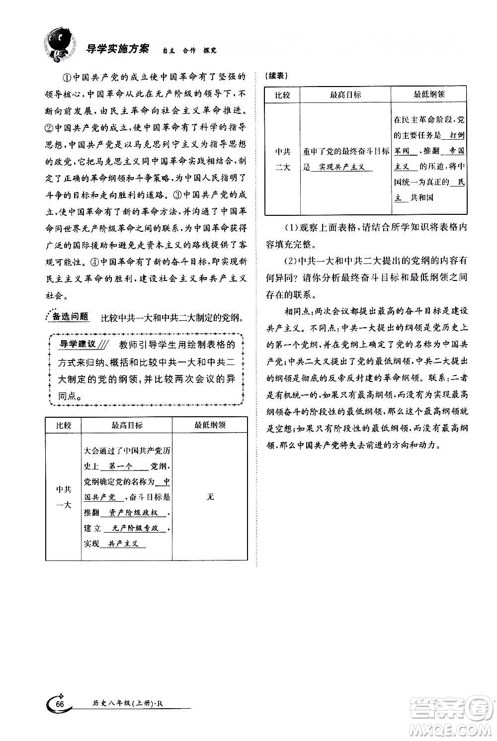 江西高校出版社2020年金太陽導(dǎo)學(xué)案歷史八年級上冊人教版答案