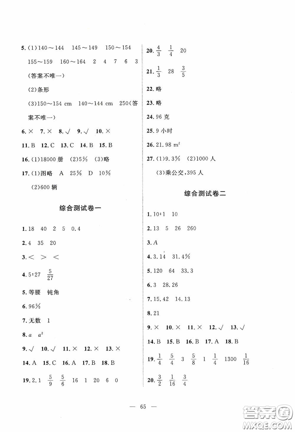 江西教育出版社2020能力形成同步測(cè)試卷六年級(jí)數(shù)學(xué)上冊(cè)北師大版答案