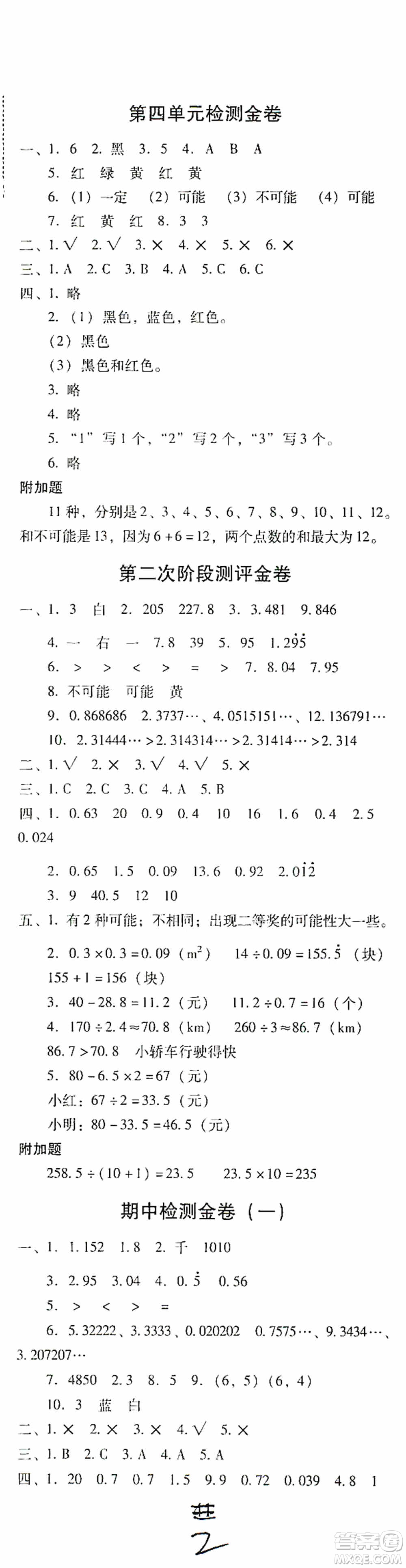 2020秋云南師大附小一線名師金牌試卷五年級數(shù)學(xué)上冊人教版答案