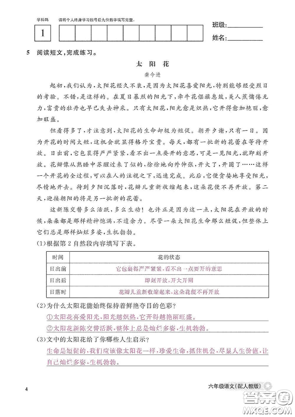 江西教育出版社2020語文作業(yè)本六年級語文上冊人教版答案