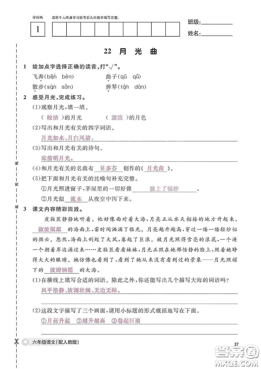 江西教育出版社2020語文作業(yè)本六年級語文上冊人教版答案