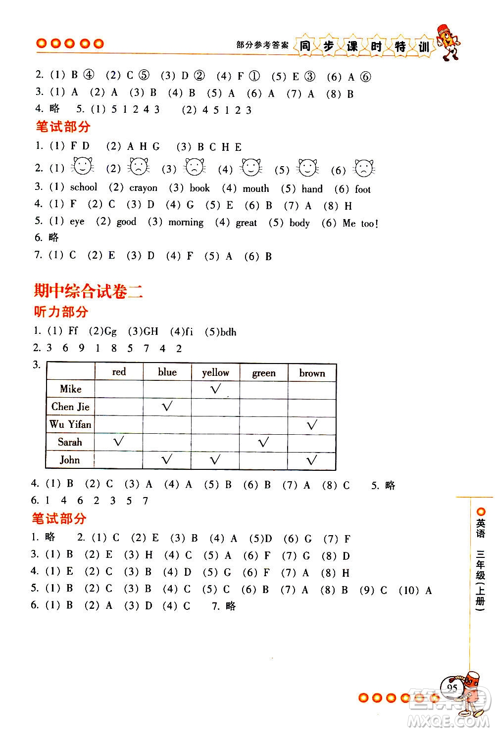 浙江少年兒童出版社2020年同步課時(shí)特訓(xùn)英語三年級(jí)上冊(cè)R人教版答案