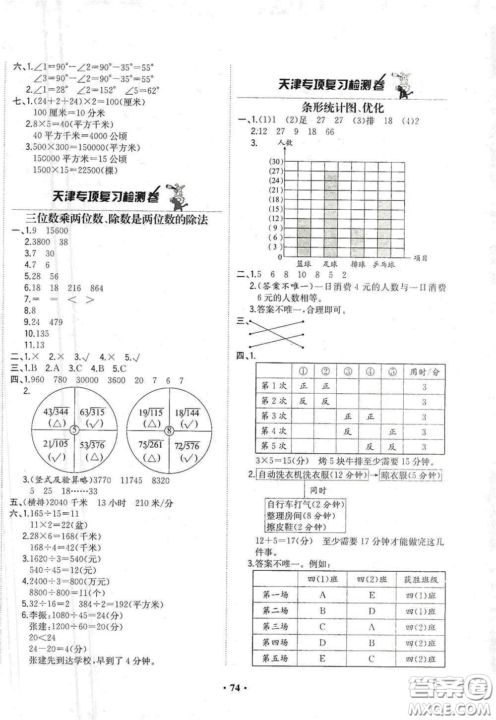 現(xiàn)代教育出版社2020陽光課堂質(zhì)監(jiān)天津單元檢測卷四年級數(shù)學(xué)上冊答案